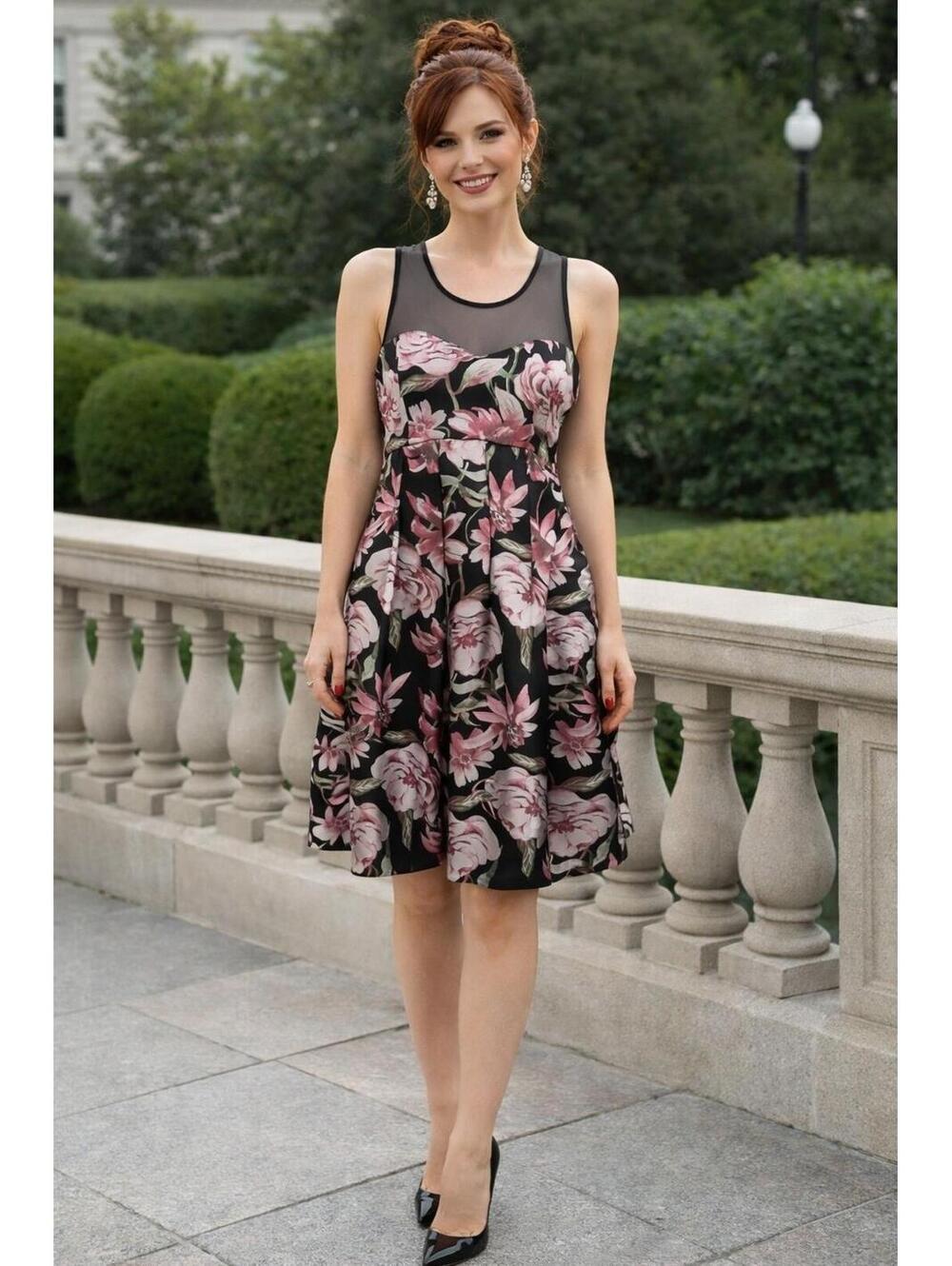 En Focus Size 8 Black Floral Mesh Illusion Fit & Flare Dress Pink Roses Feminine